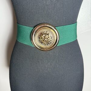Green Elastic Belt with Gold Lion Buckle Large? *FAINT SPOT*